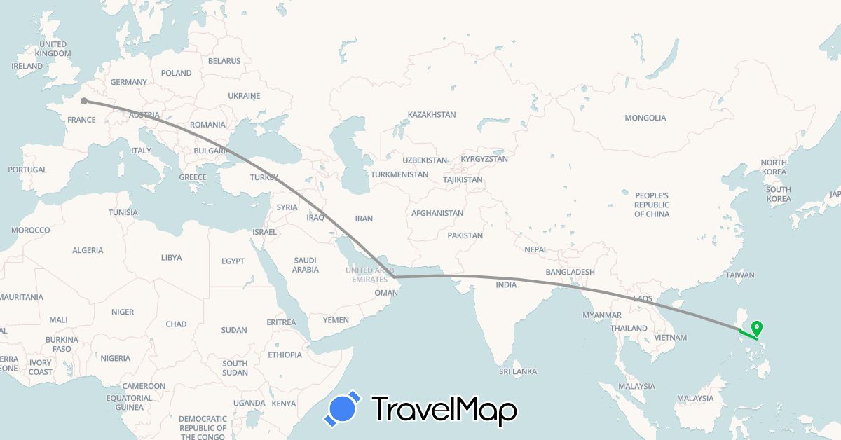 TravelMap itinerary: bus, plane in France, Oman, Philippines (Asia, Europe)